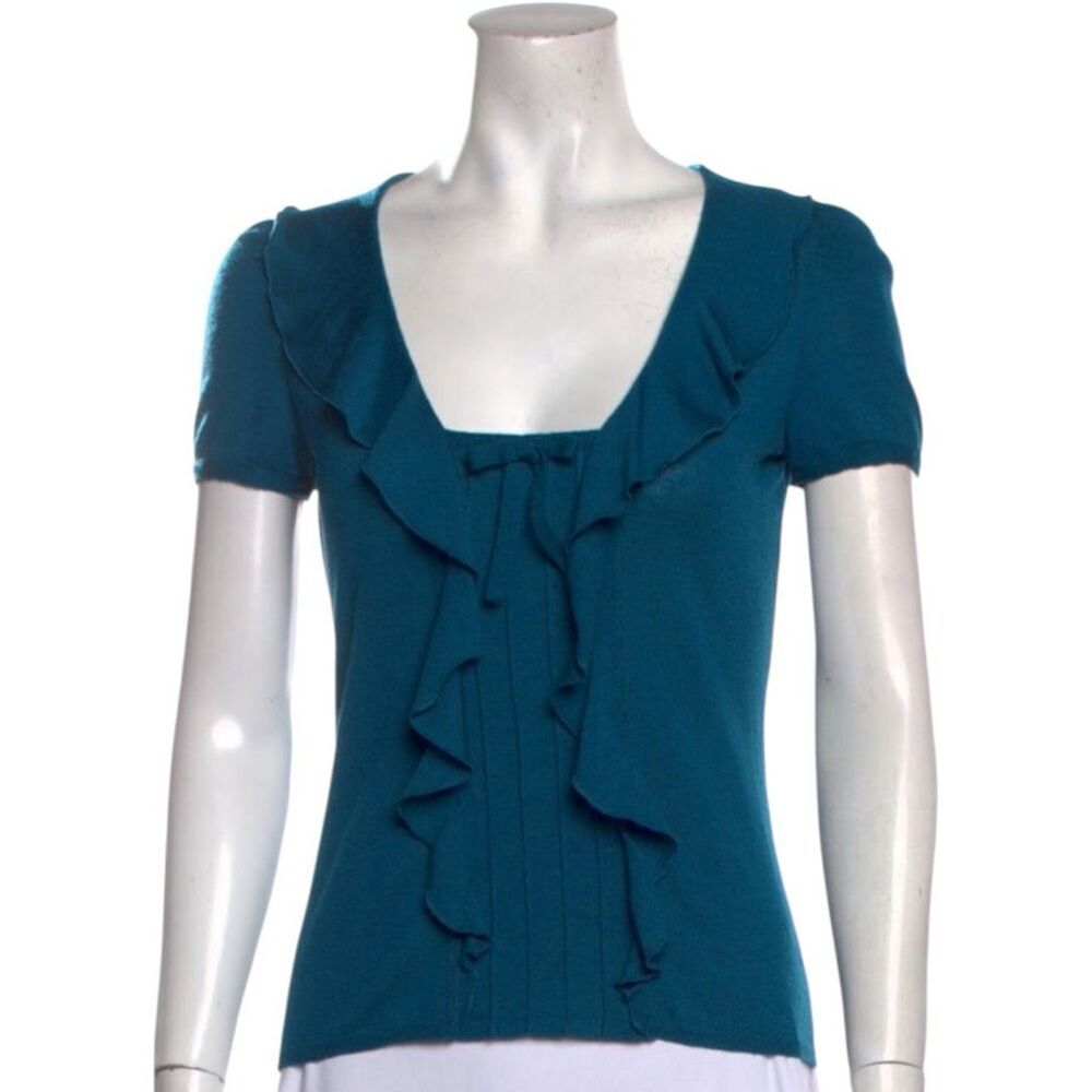 Moschino Teal Woman’s Cap Short Sleeve Lana Wool Pull On Sweater Preppy, Work We
